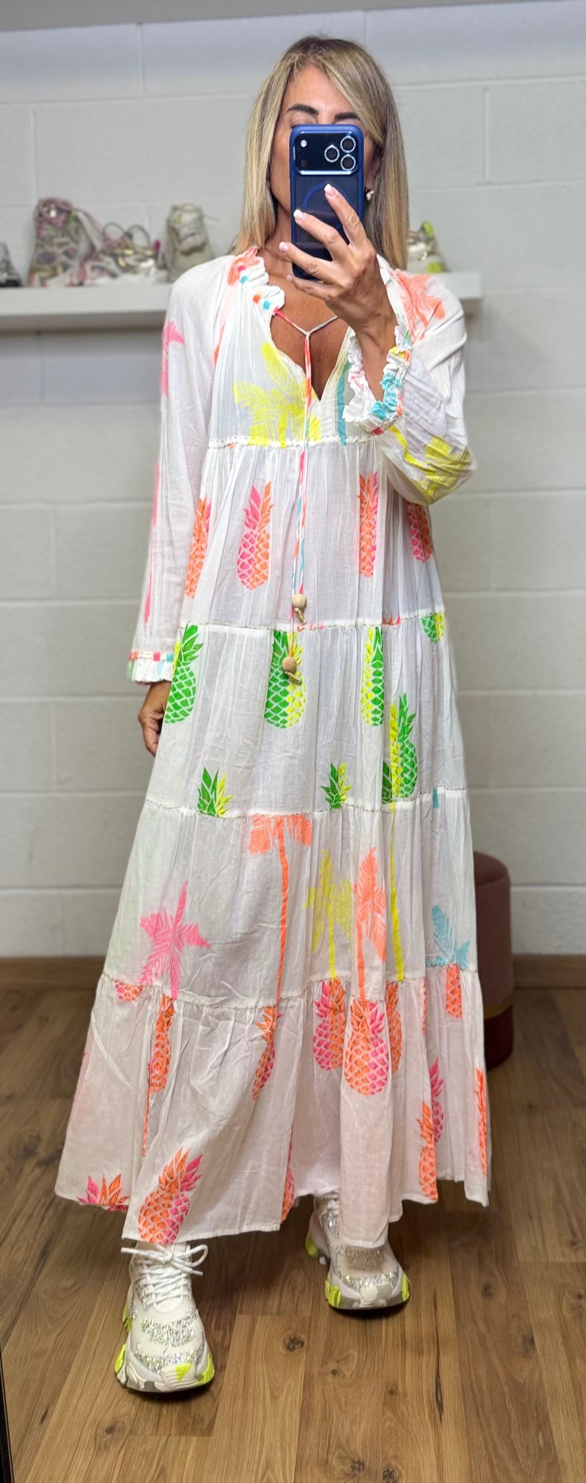 ABpink. Abito lungo tropicale in cotone con stampa fluo