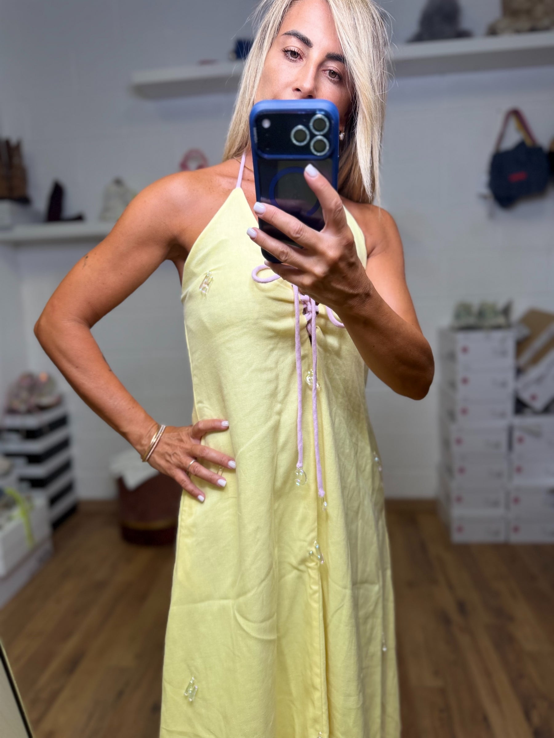 Be sunset. Abito lungo in cotone giallo pastello-50%