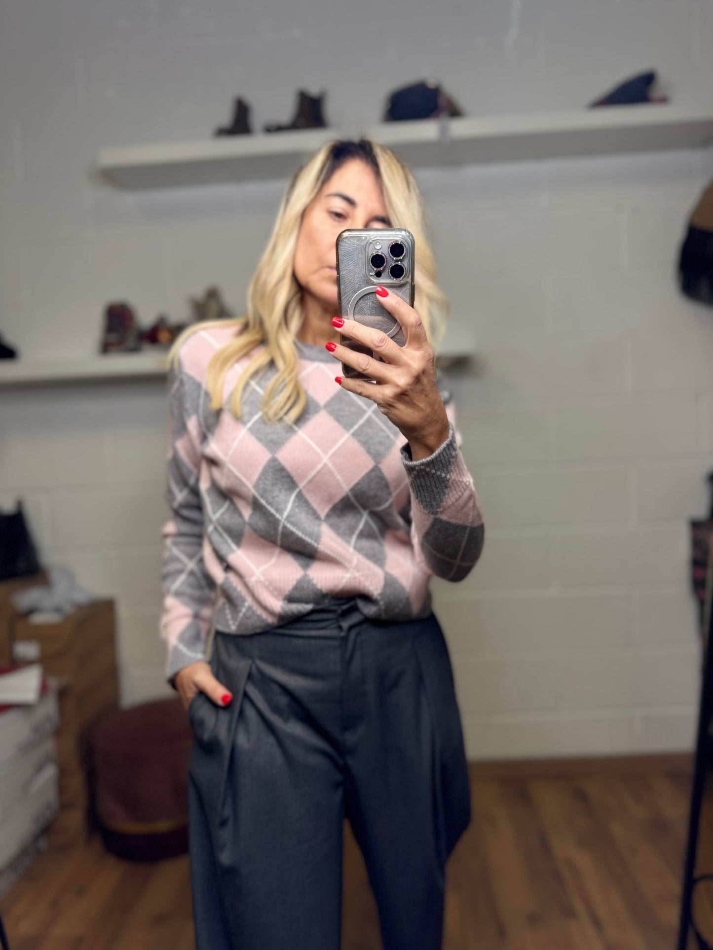 Dixie. Pull a rombi rosa e grigio-50%