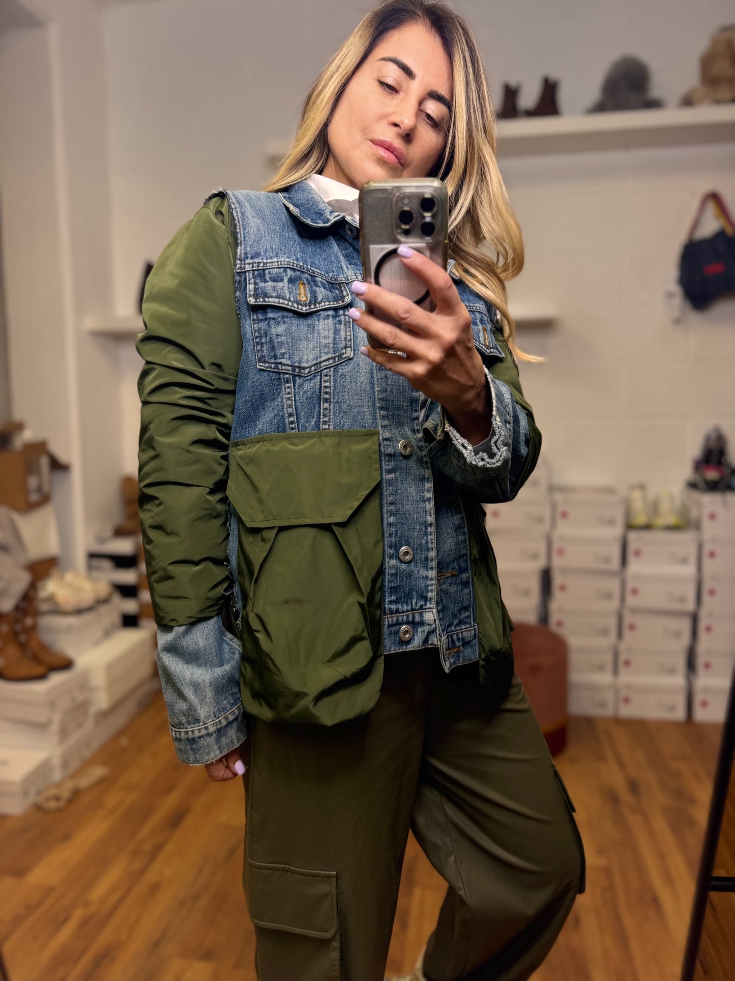 Le Streghe. Giacca vintage denim e tessuto