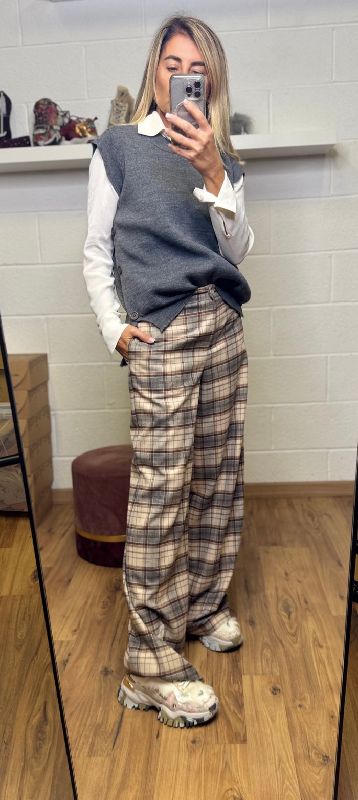 Le Streghe. Pantalone check beige & taupe-60%