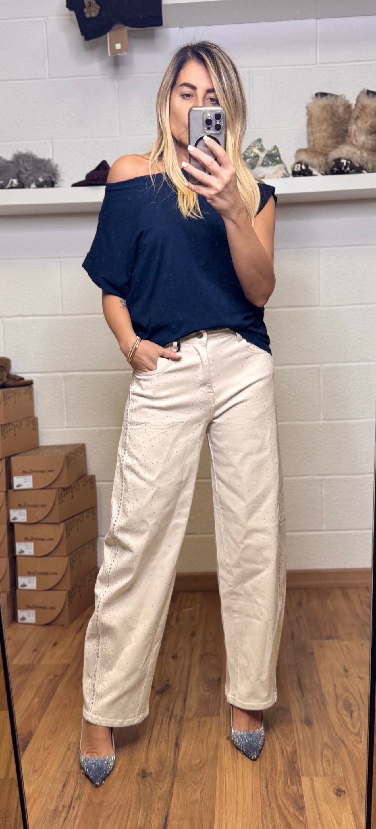 Le Streghe. Denim bianco con Swarovski