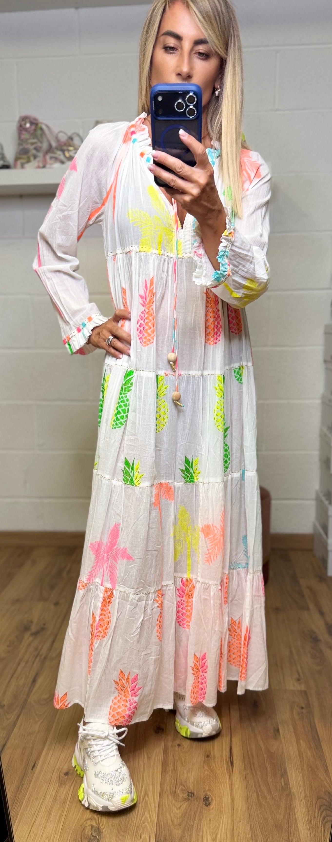 ABpink. Abito lungo tropicale in cotone con stampa fluo