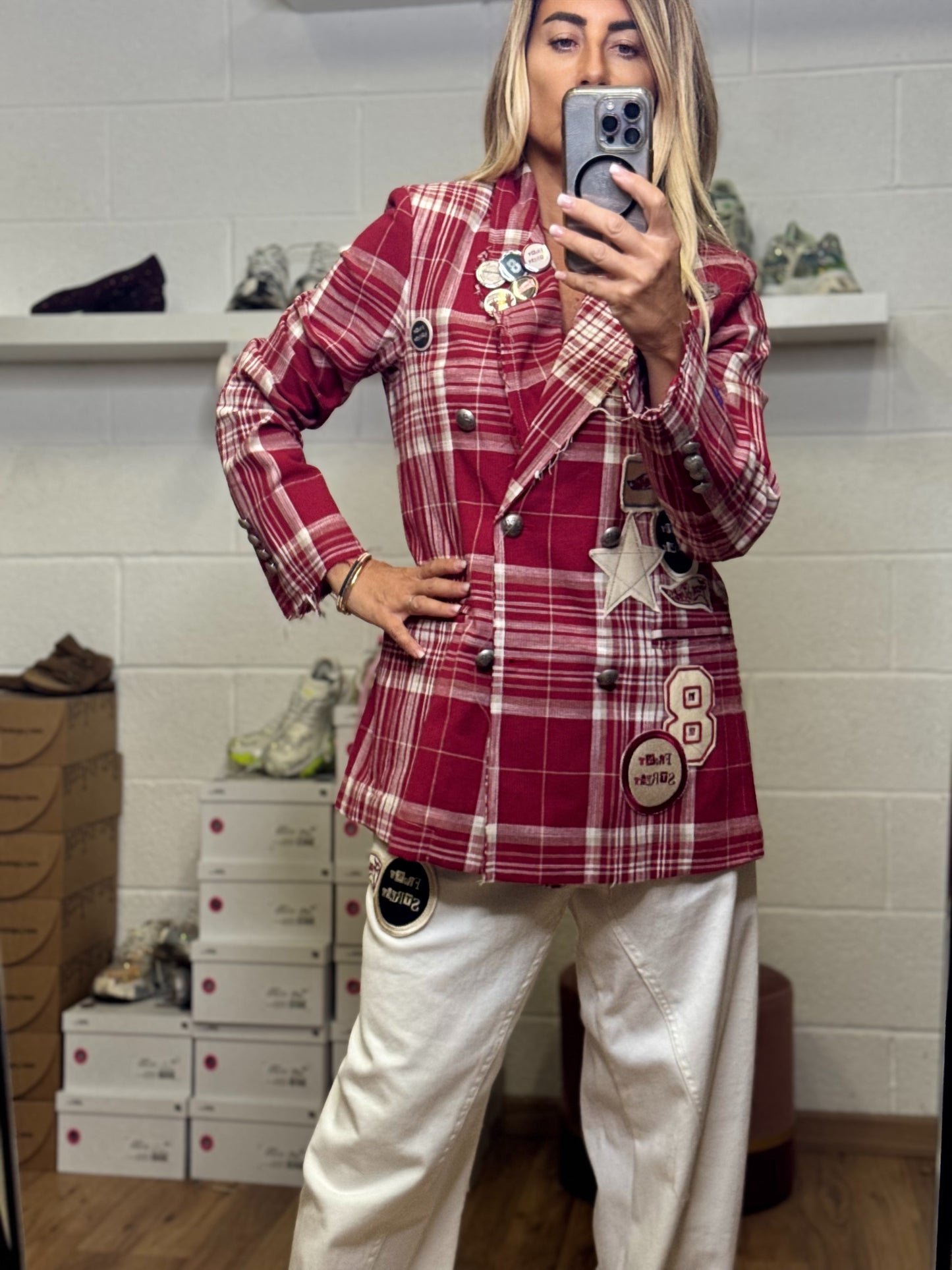 Front Street. Blazer check rosso e bianco-40%