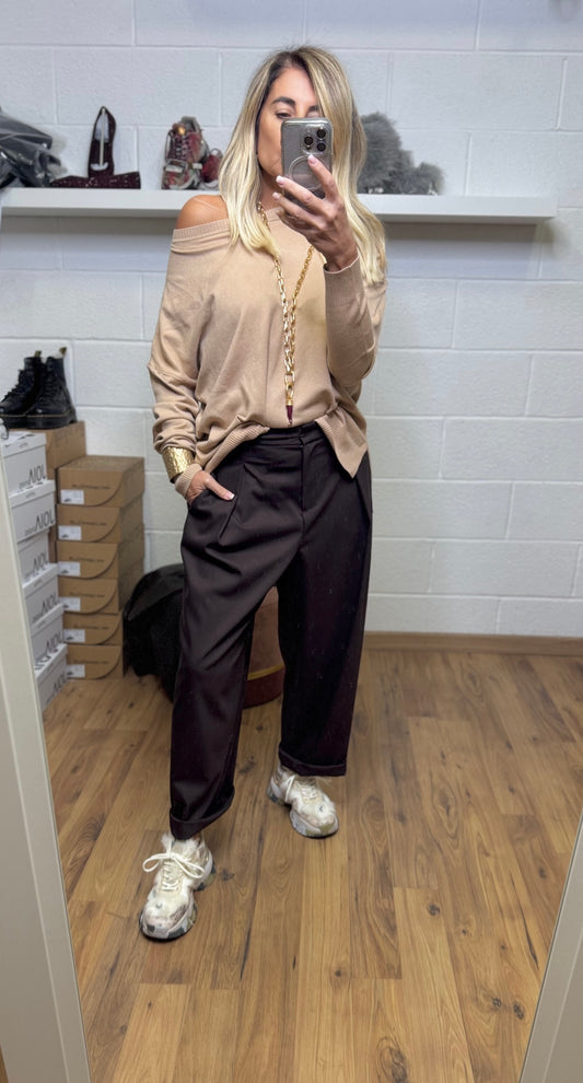 Le Streghe. Pantalone Tailored a Gamba Larga Cioccolato