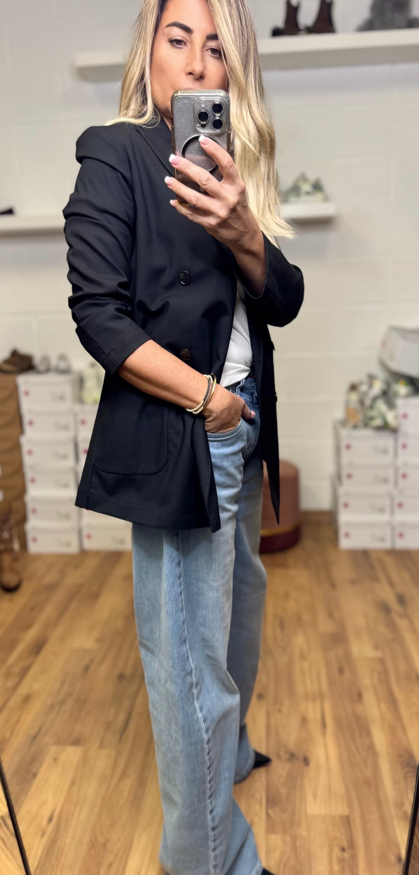 Myths. Blazer saroriale in fresco lana stretch nero