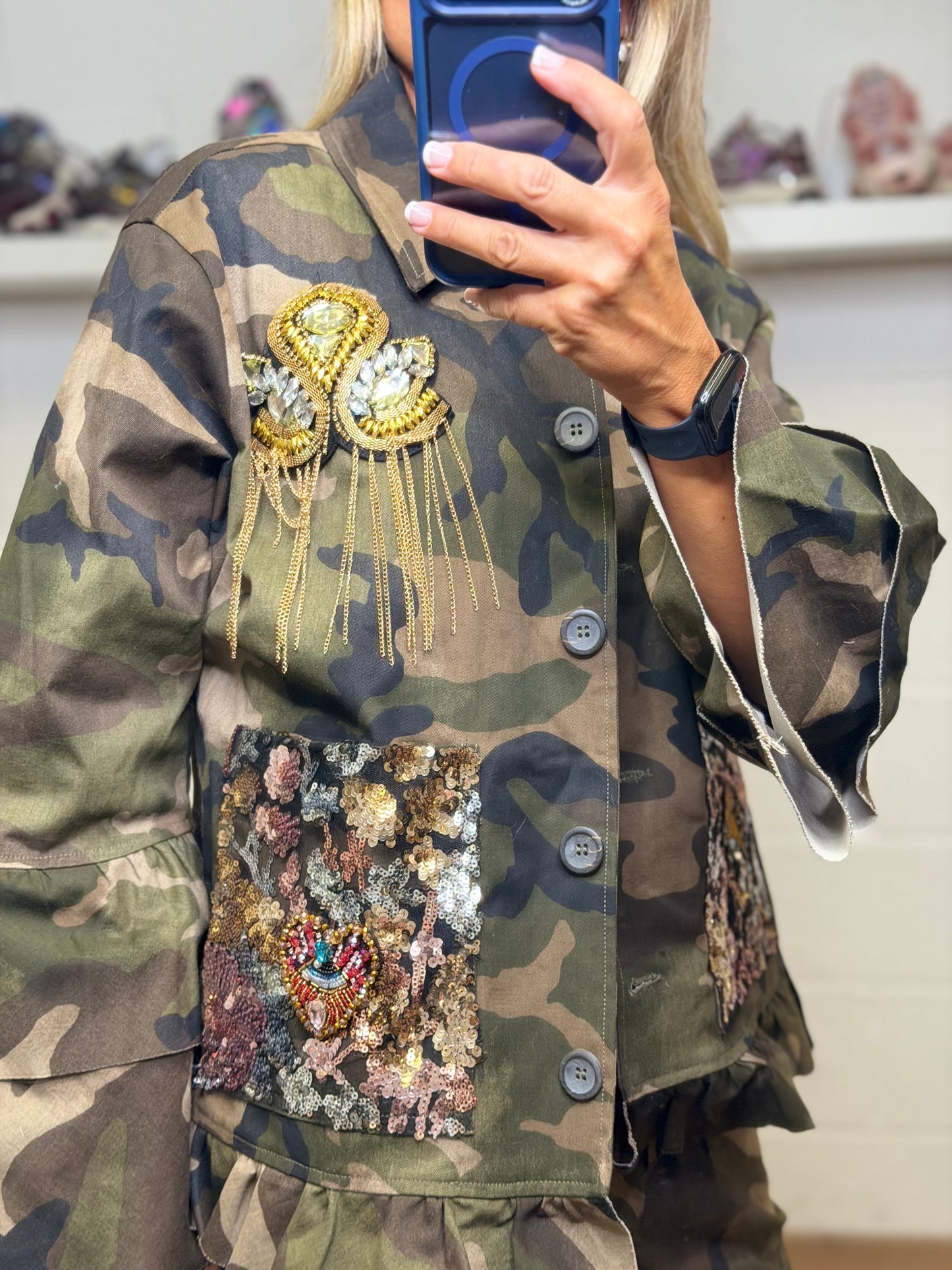 Abpink. Giacca bohemien camou che n patch gioiello