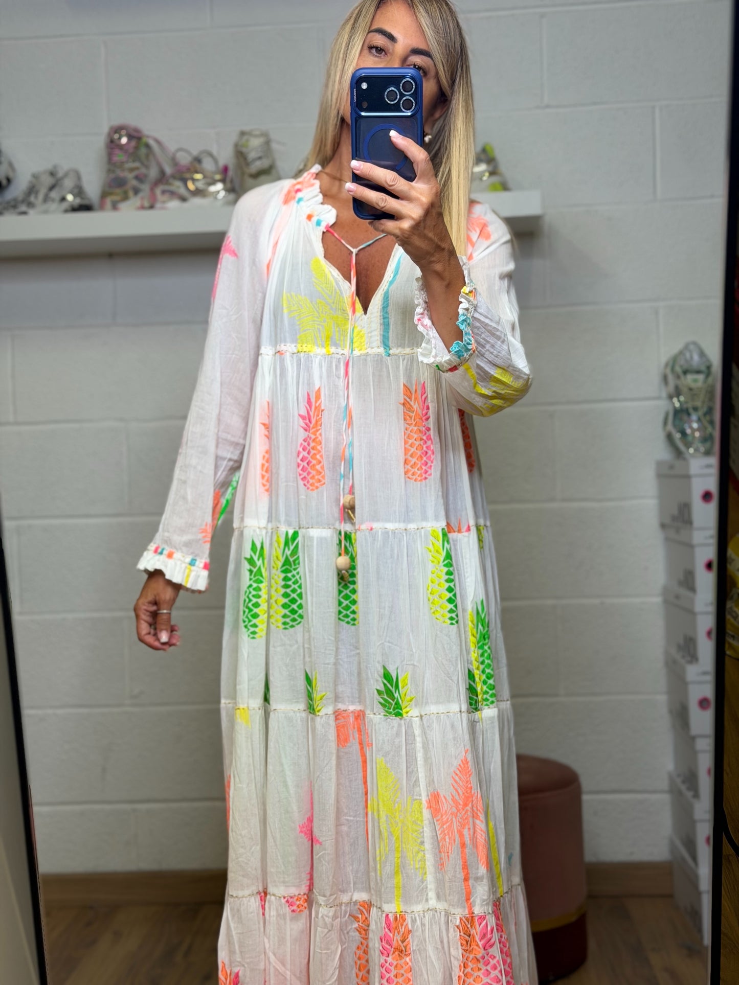 ABpink. Abito lungo tropicale in cotone con stampa fluo