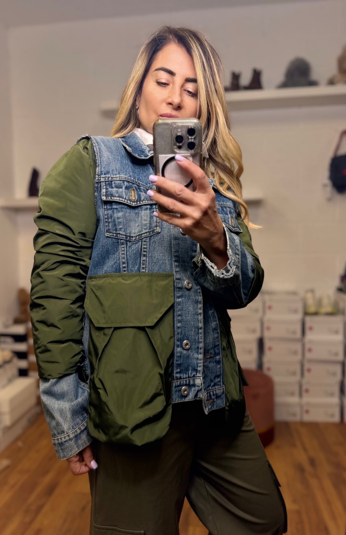 Le Streghe. Giacca vintage denim e tessuto