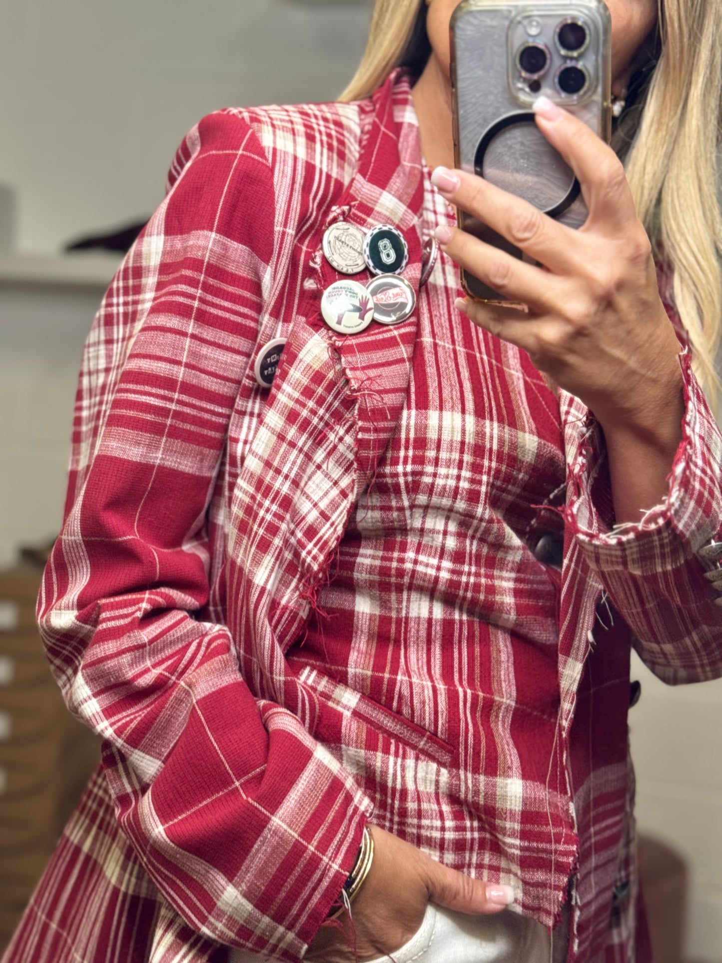 Front Street. Blazer check rosso e bianco-40%