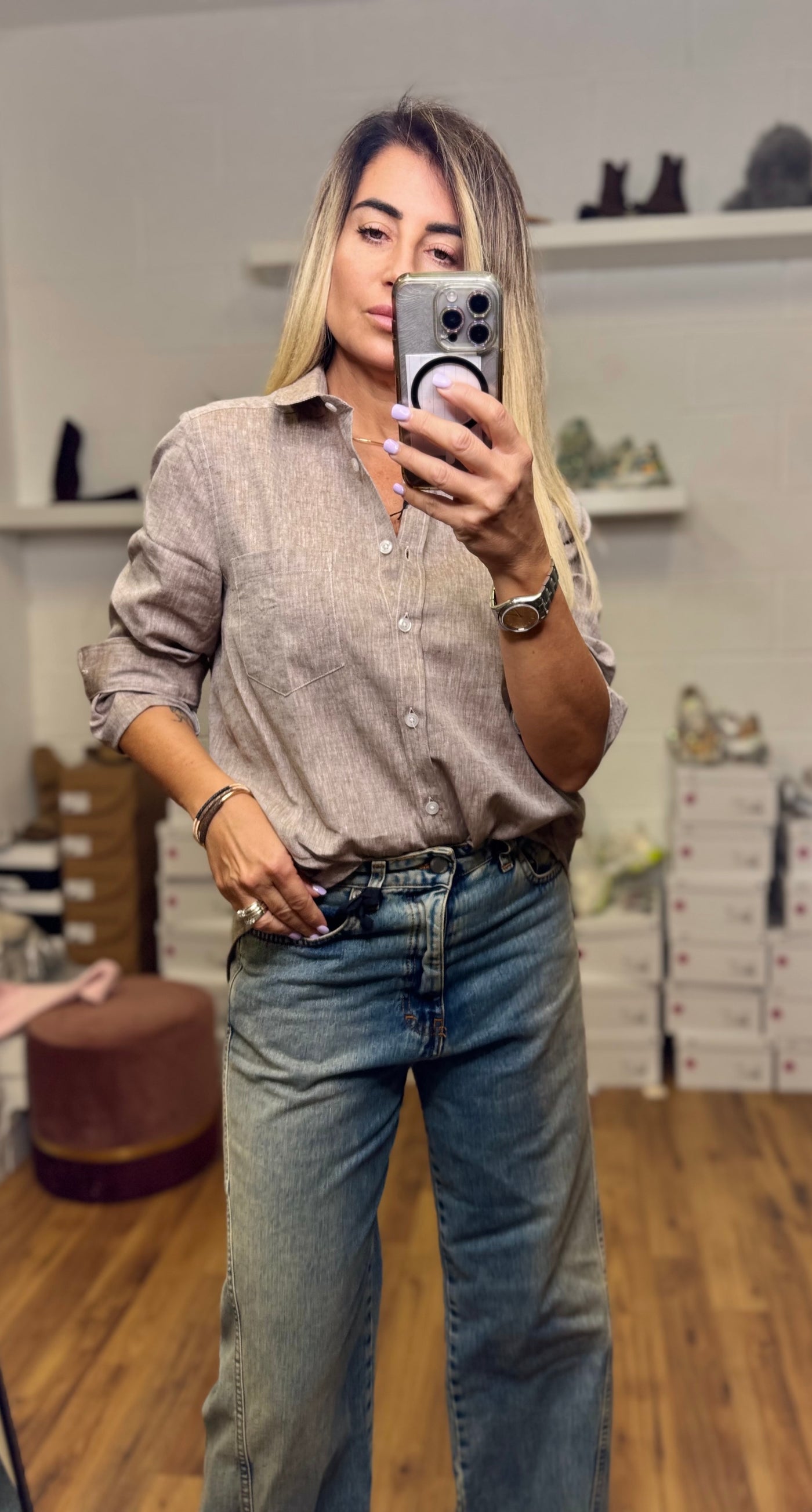 GMF. Camicia lino e cotone tortora-50%