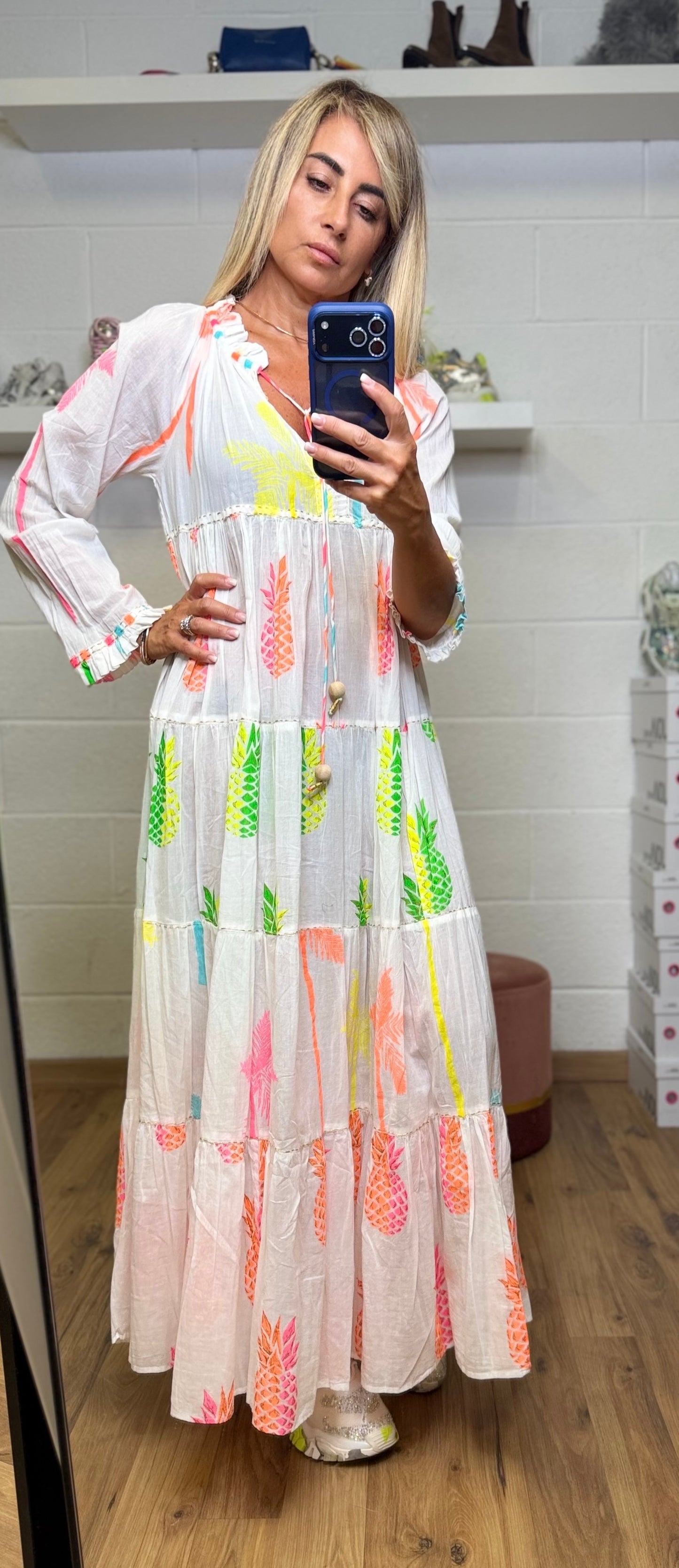 ABpink. Abito lungo tropicale in cotone con stampa fluo