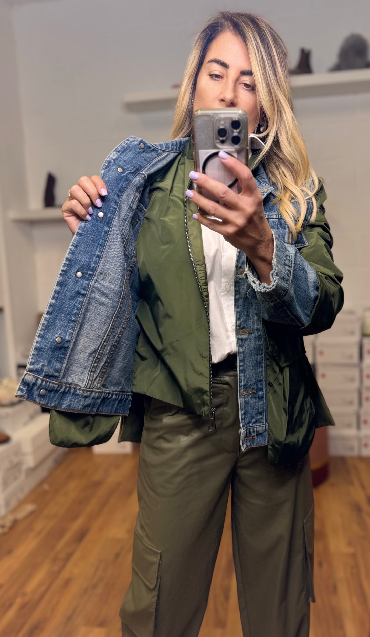 Le Streghe. Giacca vintage denim e tessuto