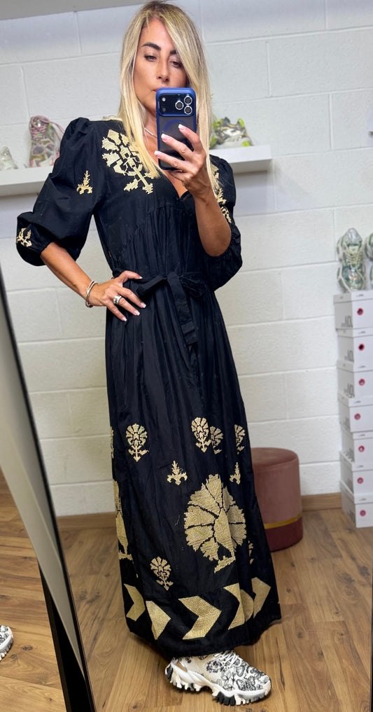 Abpink. Abito Lungo Boho-Chic Ricamato Oro – Nero -20%
