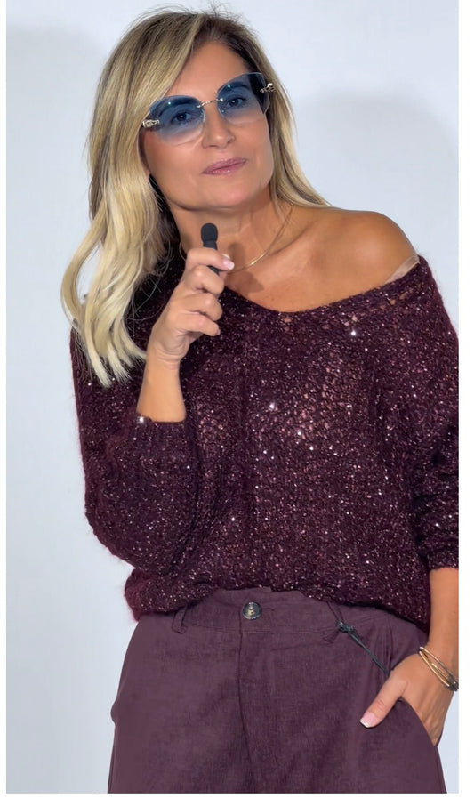 Le Streghe. Pull burgundi con paielletes