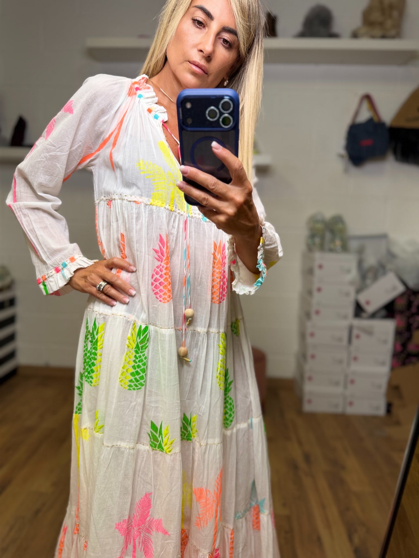 ABpink. Abito lungo tropicale in cotone con stampa fluo